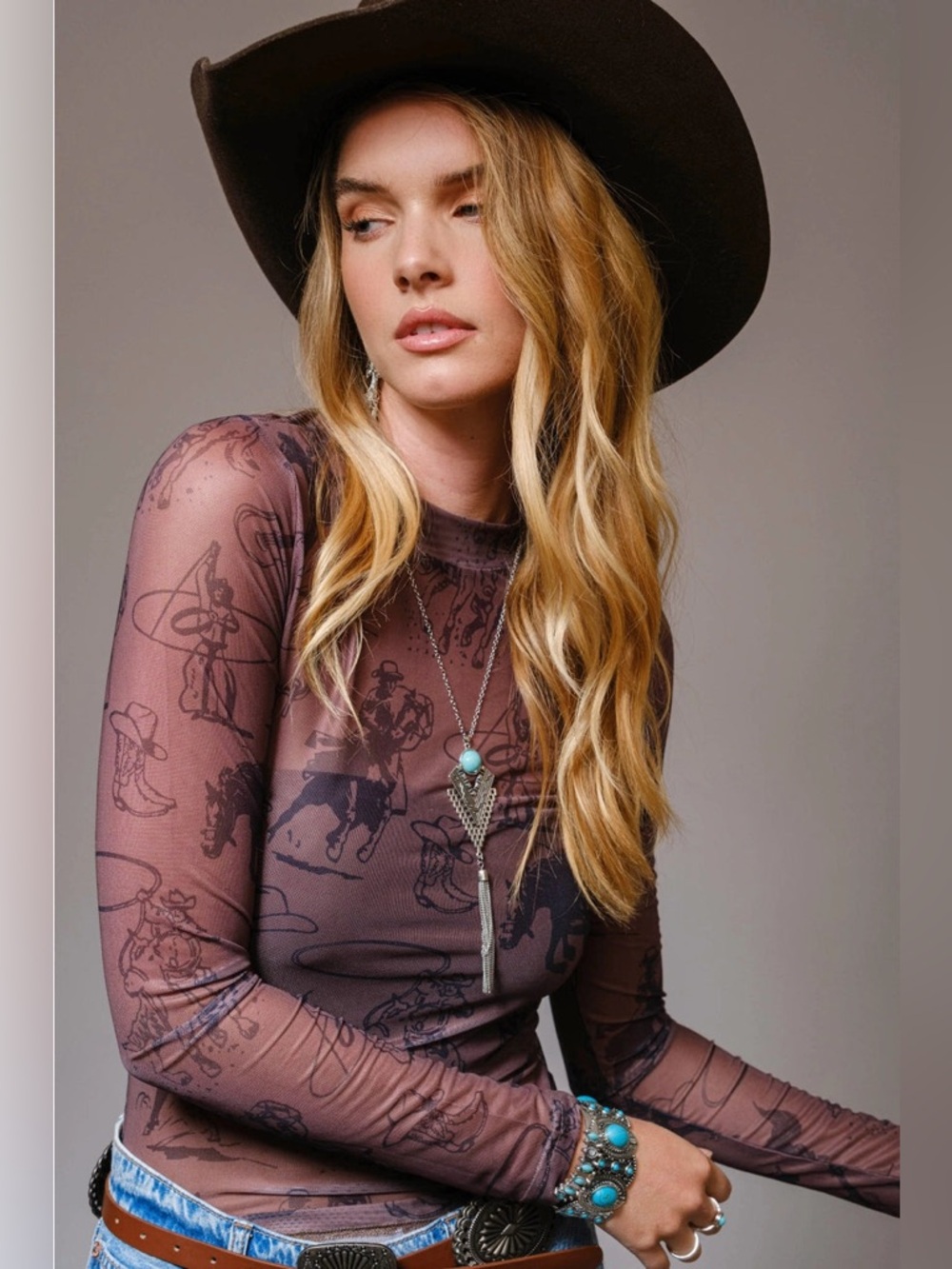Western Cowgirl Print Mock Neck Long Sleeve Mesh Top - Blue B - Picture 2 of 8